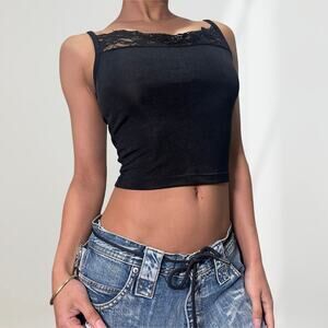 Made in Italy - Vintage 90s goth black lace trimmed cropped cami tank (XS-S)